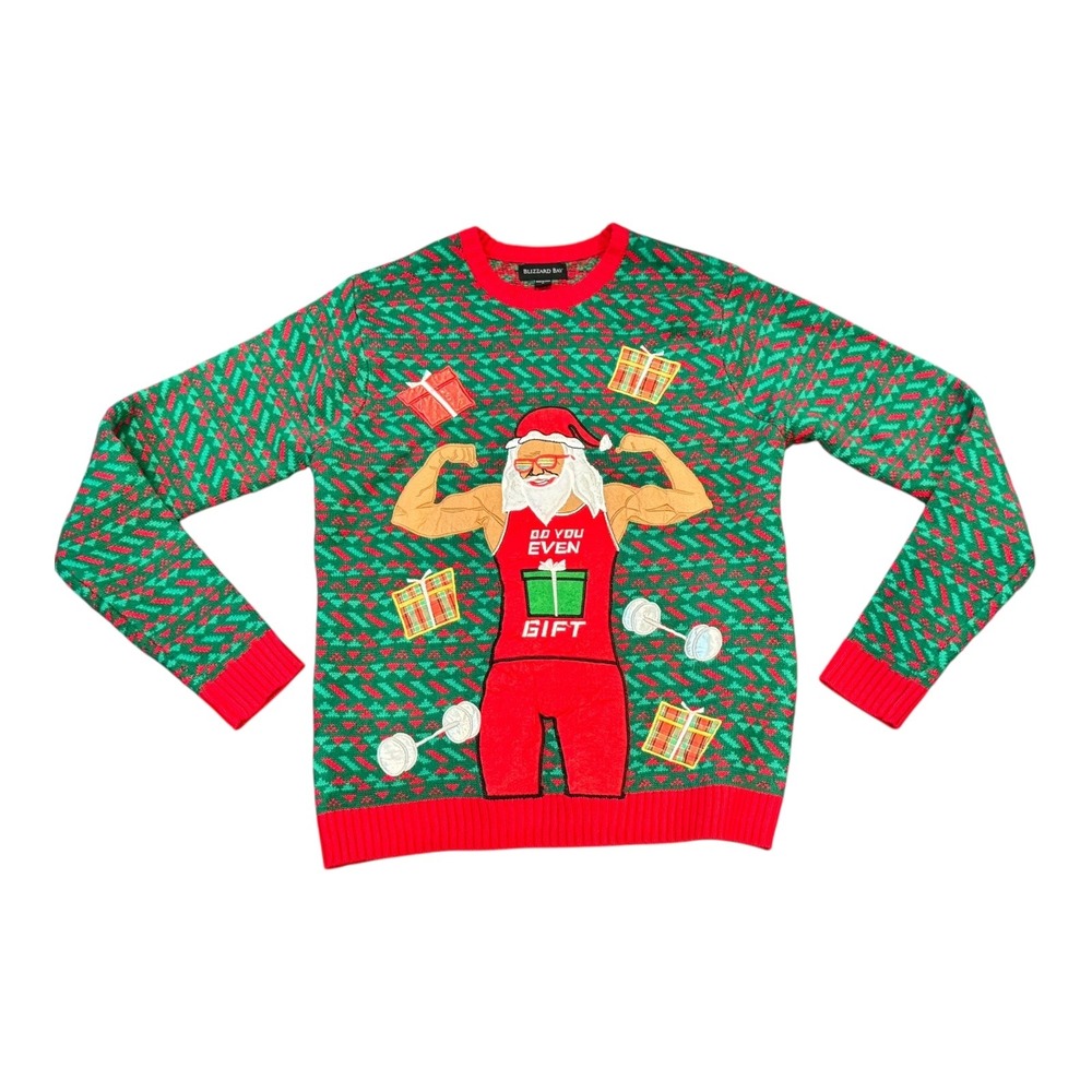 Blizzard Bay Ugly Christmas‎ Sweater Santa Workout Gym Lift Gift Novelty Size L